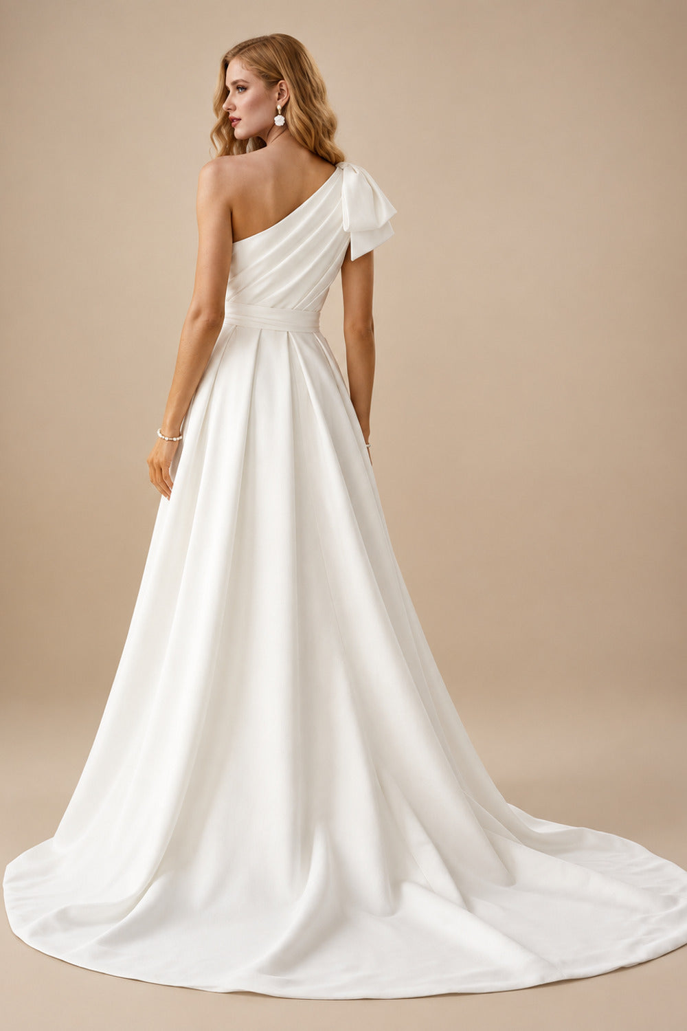 Rutipo Ivory A-Line One-Shoulder Sleeveless Satin Cathedral Train Wedding Dress