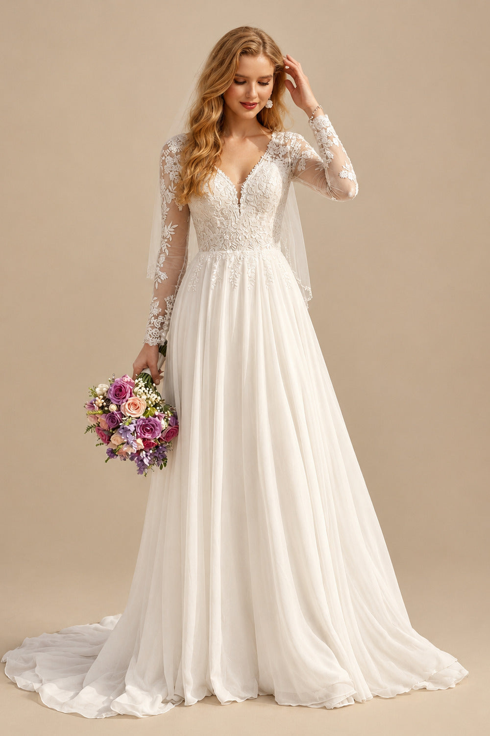 Rutipo Ivory A-Line V-Neck Long Sleeves Chiffon Court Train Wedding Dress With Lace