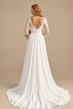 Rutipo Ivory A-Line V-Neck Long Sleeves Chiffon Court Train Wedding Dress With Lace
