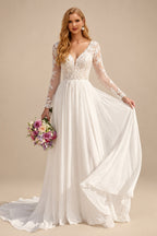 Rutipo Ivory A-Line V-Neck Long Sleeves Chiffon Court Train Wedding Dress With Lace