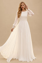 Rutipo Ivory A-Line Scoop Neck Long Sleeves Chiffon Court Train Wedding Dress With Lace