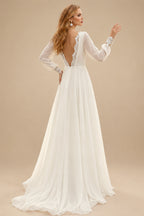 Rutipo Ivory A-Line Scoop Neck Long Sleeves Chiffon Court Train Wedding Dress With Lace
