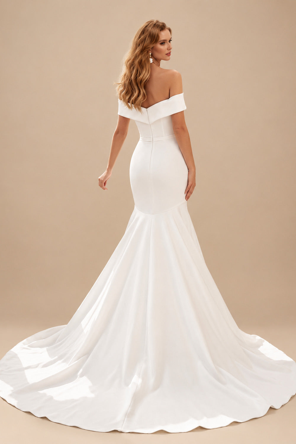 Rutipo Ivory Trumpet/Mermaid Off-The-Shoulder Sleeveless Satin Sweep Train Wedding Dress