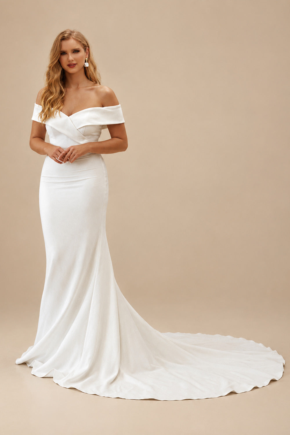 Rutipo Ivory Trumpet/Mermaid Off-The-Shoulder Sleeveless Satin Sweep Train Wedding Dress