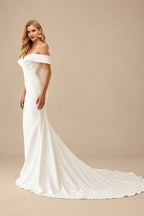 Rutipo Ivory Trumpet/Mermaid Off-The-Shoulder Sleeveless Satin Sweep Train Wedding Dress