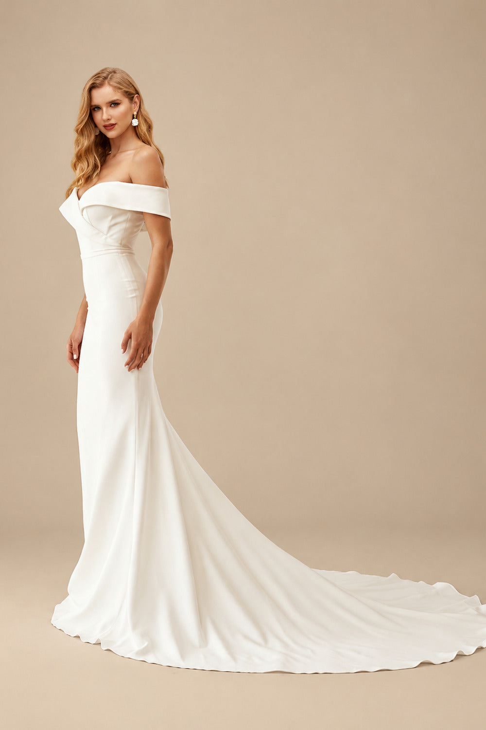 Rutipo Ivory Trumpet/Mermaid Off-The-Shoulder Sleeveless Satin Sweep Train Wedding Dress