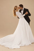 Rutipo White A-Line Scoop Neck Long Sleeves Satin Sweep Train Wedding Dress
