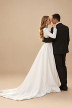 Rutipo White A-Line Scoop Neck Long Sleeves Satin Sweep Train Wedding Dress