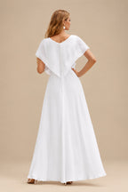 Rutipo White A-Line Scoop Neck Long Sleeves Satin Sweep Train Wedding Dress