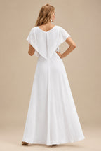 Rutipo White A-Line Scoop Neck Long Sleeves Satin Sweep Train Wedding Dress
