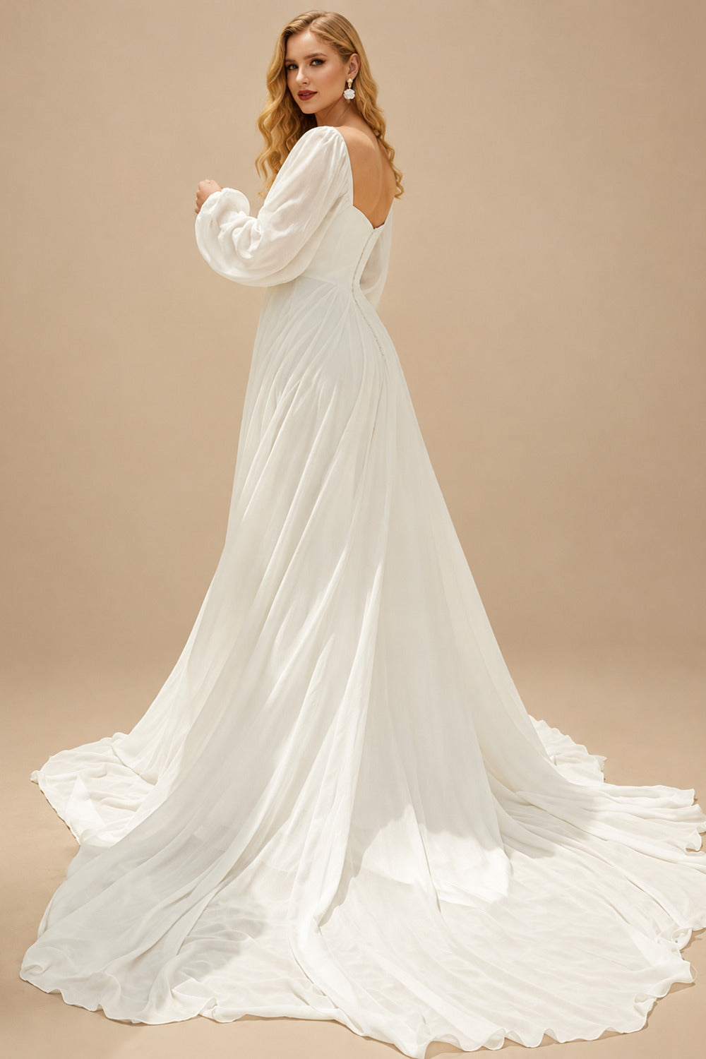 Rutipo Ivory Long Sleeves A-Line Square Neckline Wedding Dress With Chiffon Sweep Train