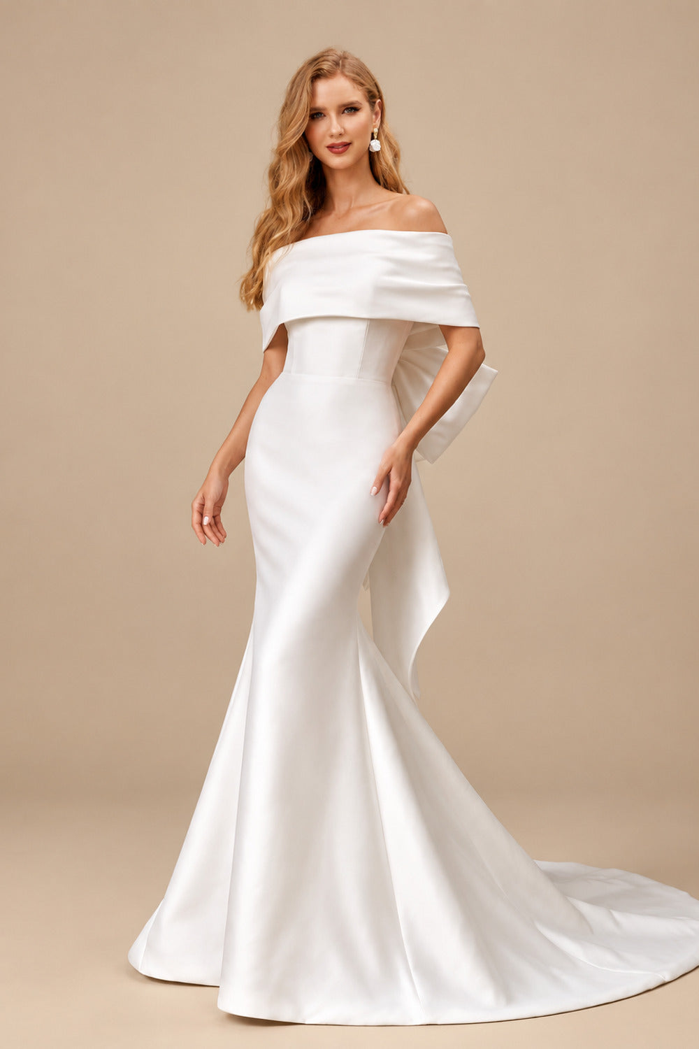 Rutipo White Trumpet/Mermaid Off-The-Shoulder Sleeveless Satin Sweep Train Wedding Dress With Bow(s)