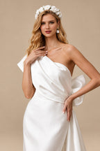 Rutipo White Trumpet/Mermaid Off-The-Shoulder Sleeveless Satin Sweep Train Wedding Dress With Bow(s)