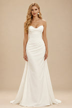 Rutipo Ivory Sheath/Column Sweetheart Sleeveless Satin Sweep Train Wedding Dress