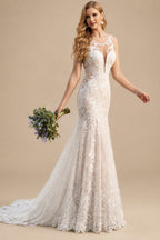 Rutipo As Picture Trumpet/Mermaid Scoop Neck Sleeveless Lace Sweep Train Wedding Dress