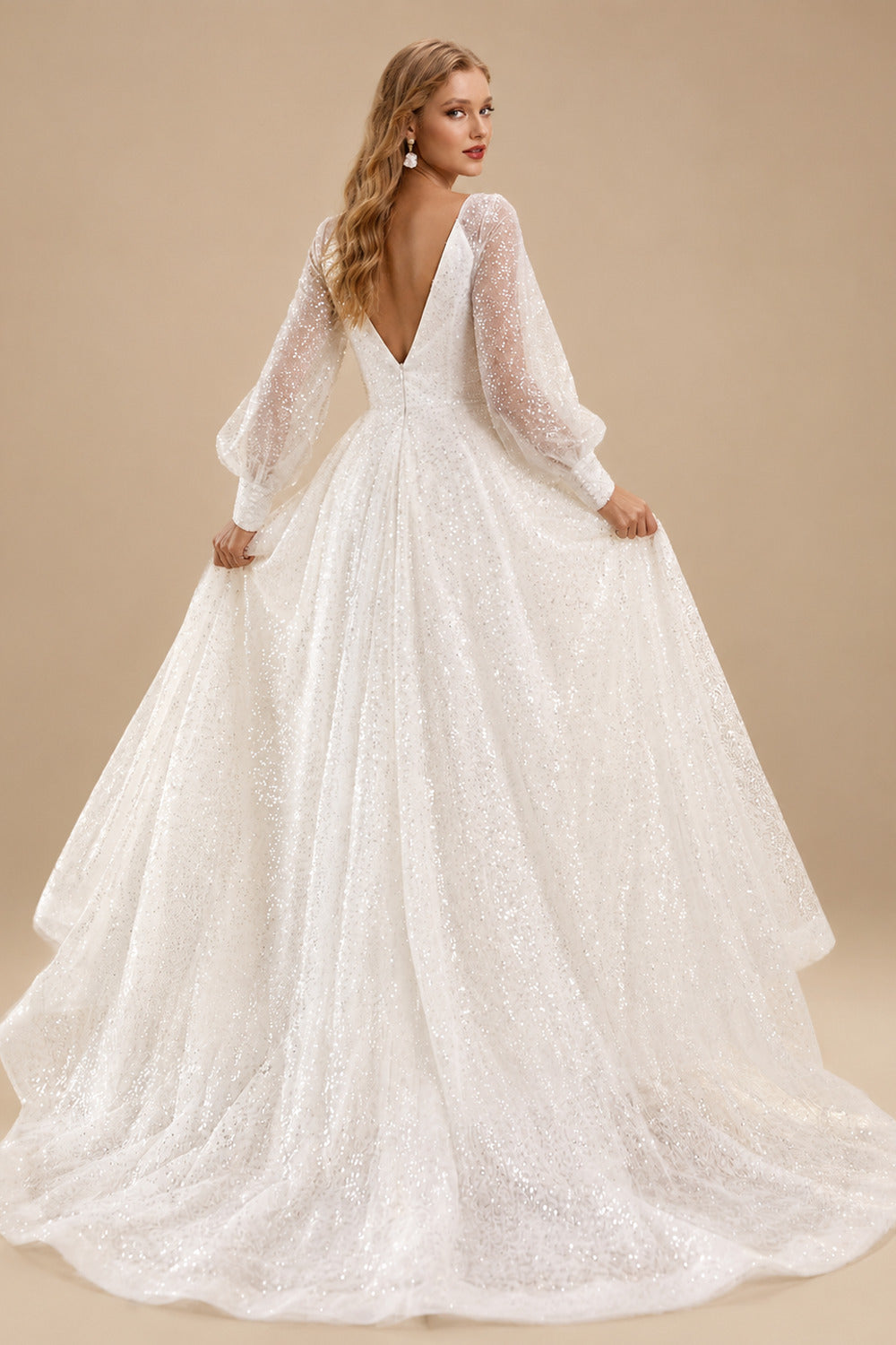 Rutipo Ivory Sparkle Long Lantern Sleeves Plunge Neck Wedding Dresses With Split Front