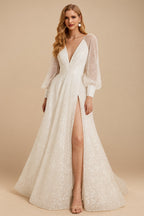 Rutipo Ivory Sparkle Long Lantern Sleeves Plunge Neck Wedding Dresses With Split Front
