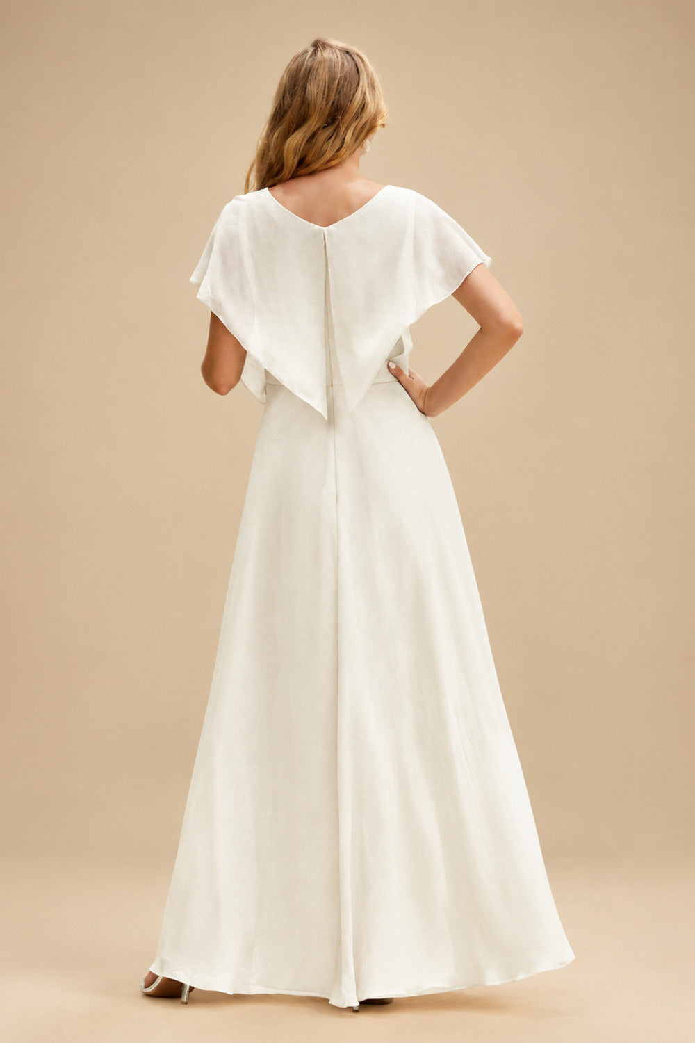 Rutipo Ivory Sparkle Long Lantern Sleeves Plunge Neck Wedding Dresses With Split Front