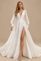 Rutipo Ivory Sparkle Long Lantern Sleeves Plunge Neck Wedding Dresses With Split Front
