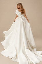 Rutipo Ivory Ball-Gown One-Shoulder Organza Sweep Train Wedding Dress With Appliques Lace
