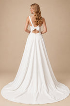 Rutipo Ivory Ball-Gown V-Neck Stretch Crepe Ruffles Sleeveless Sweep Train Wedding Dresses