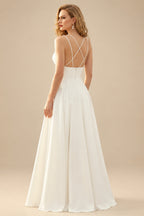 Rutipo Ivory A-Line V-Neck Sleeveless Tea-Length Satin Wedding Dress