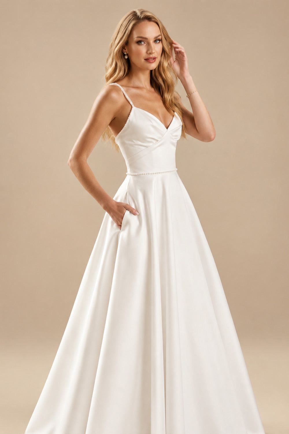 Rutipo Ivory A-Line V-Neck Sleeveless Satin Tea-Length Wedding Dress With Pockets