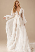 Rutipo Ivory A-Line V-Neck Sweep Train Tulle Wedding Dress