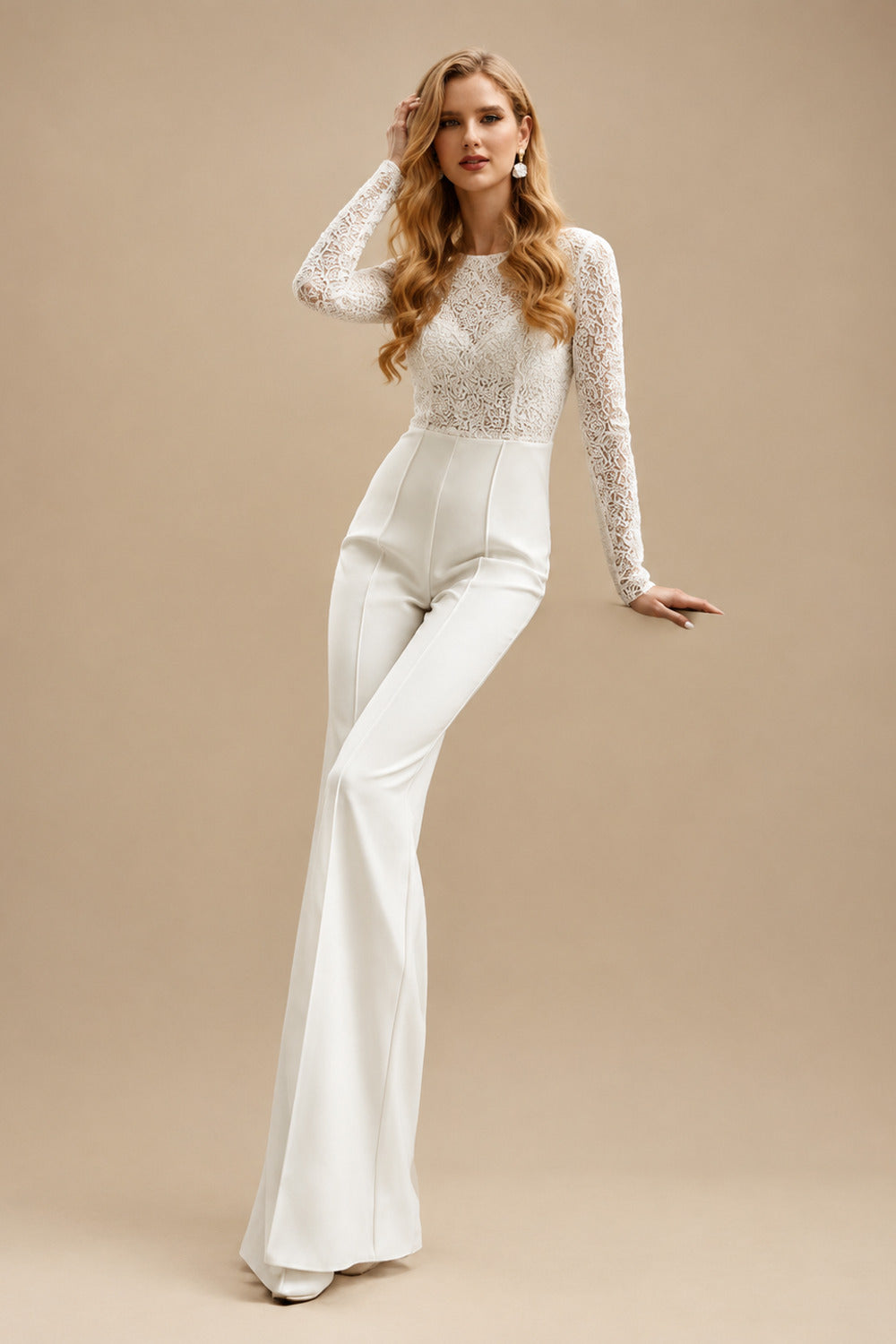Rutipo Ivory Scoop Neck Floor-Length Wedding Jumpsuit With Sequin
