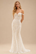 Rutipo Ivory Trumpet/Mermaid Sweetheart Sweep Train Lace Wedding Dress