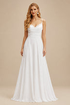 Rutipo White A-Line Cowl Neck Sleeveless Chiffon Court Train Wedding Dress With Appliques Lace