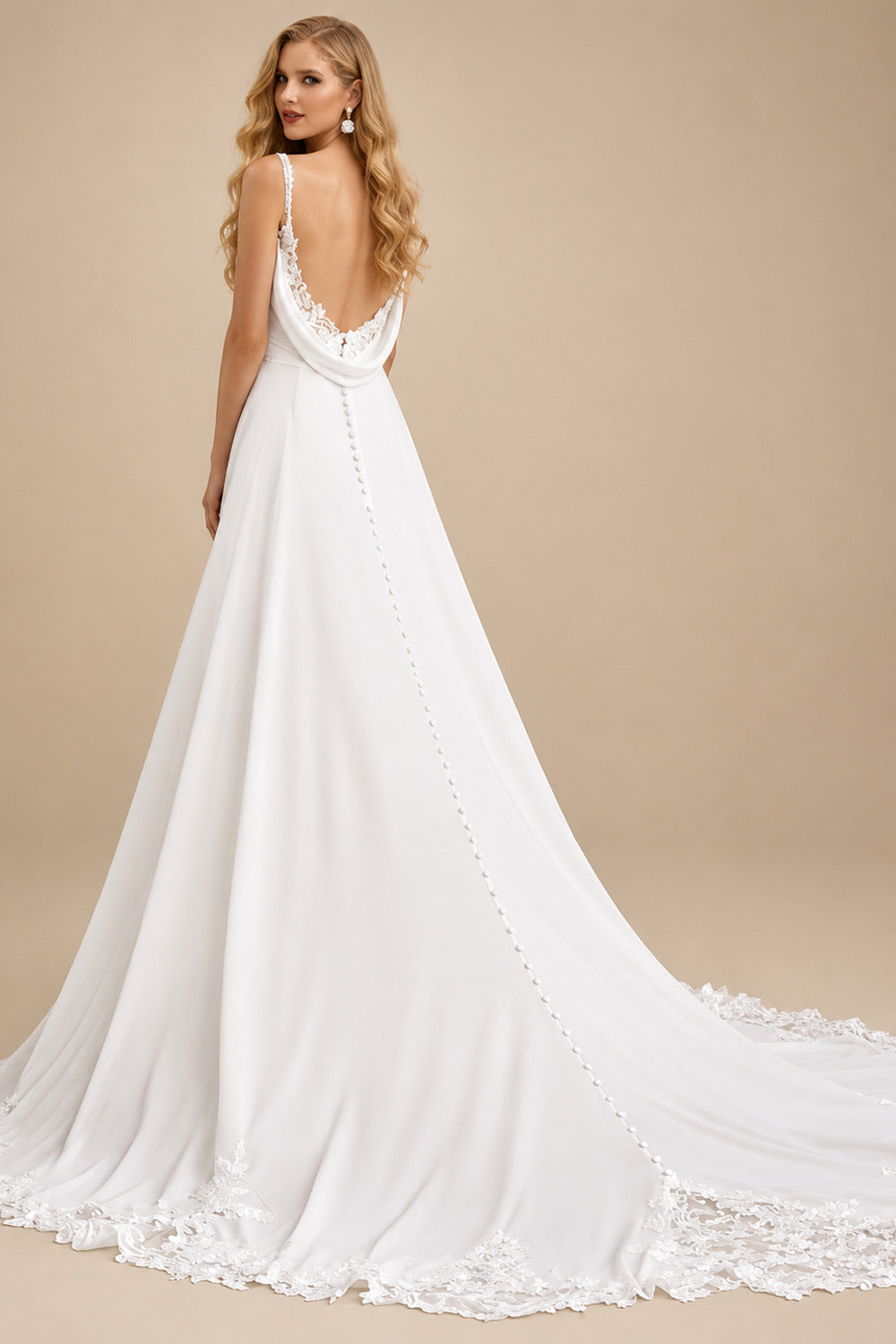 Rutipo White A-Line Cowl Neck Sleeveless Chiffon Court Train Wedding Dress With Appliques Lace