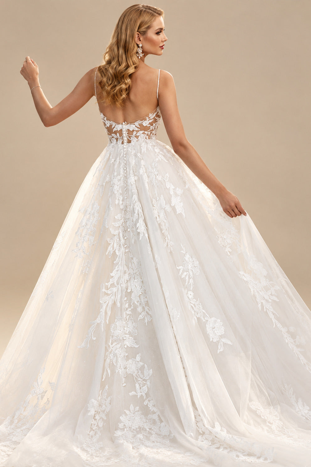Rutipo As Picture Ball-Gown V-Neck Sleeveless Tulle Court Train Wedding Dress With Appliques Lace