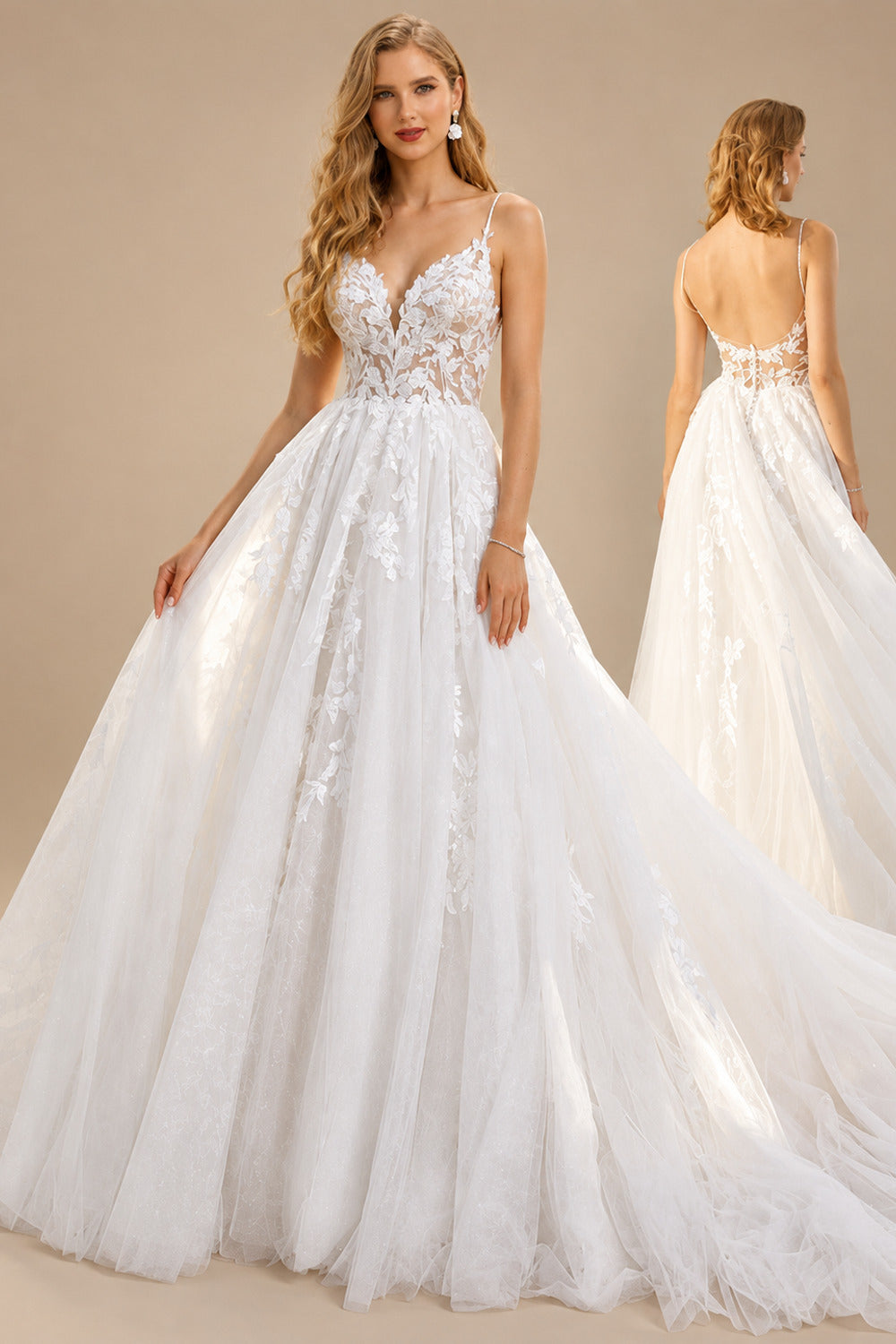Rutipo As Picture Ball-Gown V-Neck Sleeveless Tulle Court Train Wedding Dress With Appliques Lace