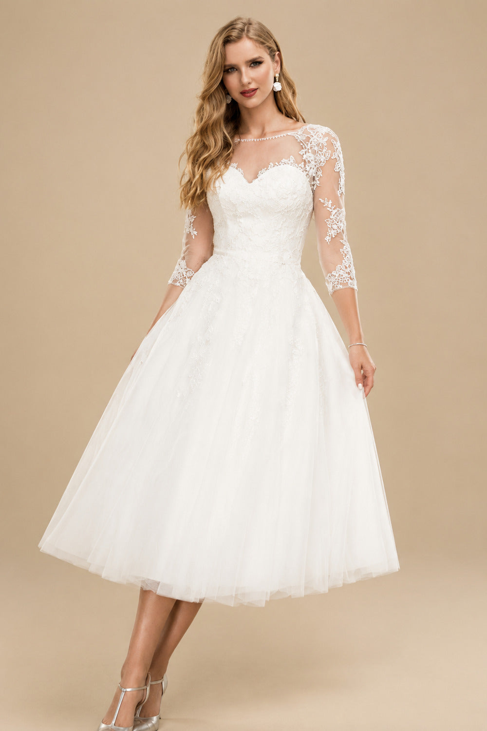 Rutipo Ivory Tea-Length Ball-Gown Lace Wedding Dresses With 3/4 Sleeves