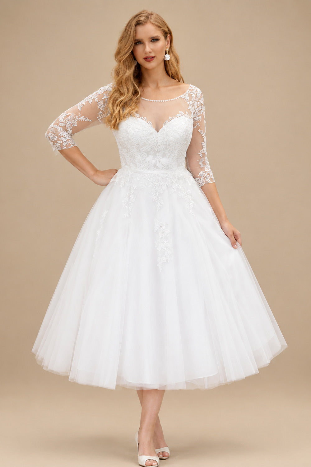 Rutipo White Tea-Length Ball-Gown Lace Wedding Dresses With 3/4 Sleeves