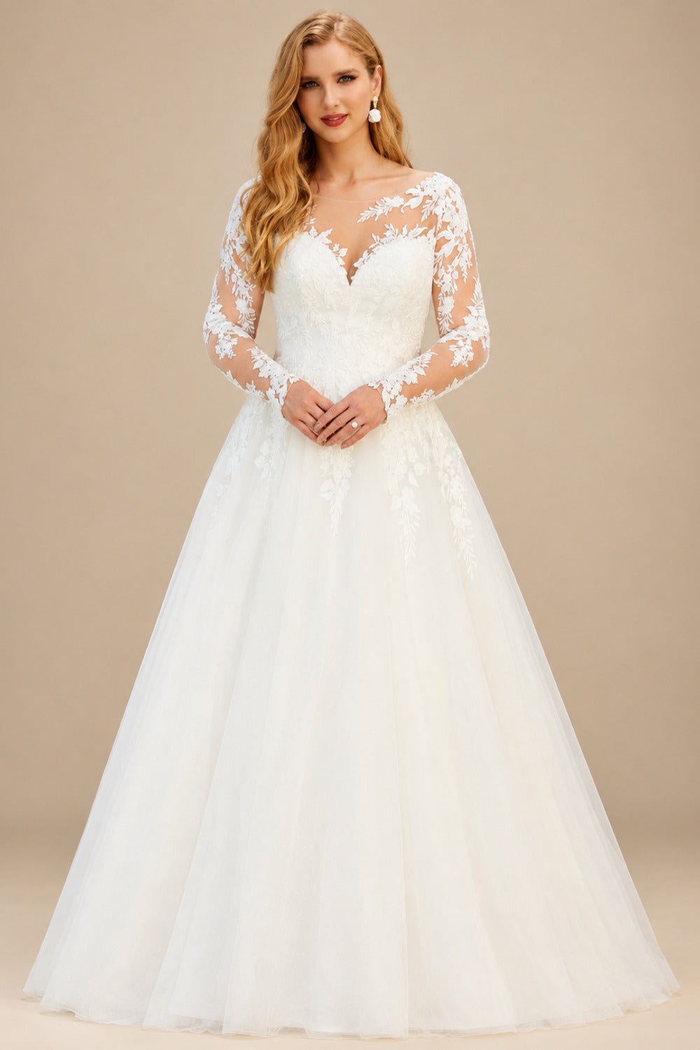 Rutipo Ivory Ball-Gown/Princess Illusion Neck Sweep Train Organza Plus Size Wedding Dress With Appliques Lace