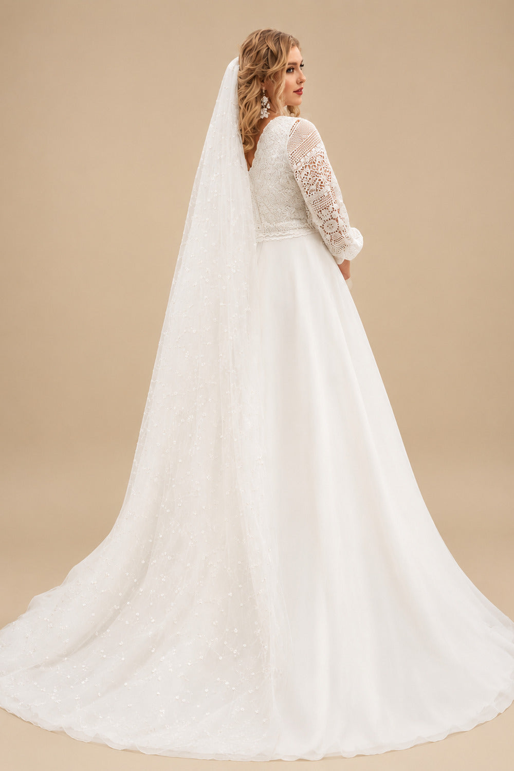 Rutipo Ivory A-Line V-Neck Sweep Train Lace Plus Size Wedding Dress