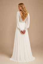 Rutipo Ivory Long Sleeves Lace Open Back Wedding Dresses With V-Neck Chiffon Floor-Length