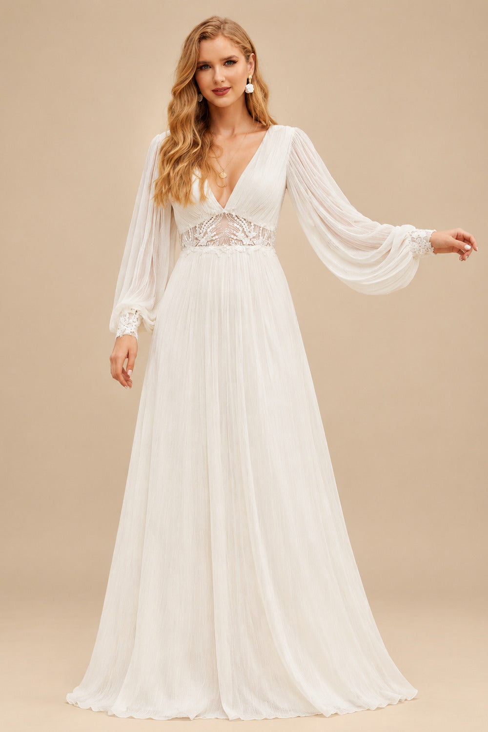 Rutipo Ivory Long Sleeves Boho Lace Wedding Dresses With V-Neck