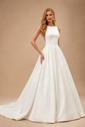 Rutipo Ivory Simple Ball-Gown/Princess Satin Chapel Train Wedding Dresses With Scoop Neck