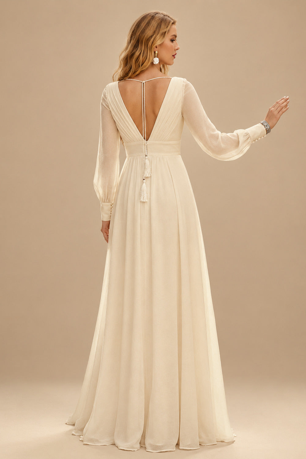 Rutipo Champagne Simple Long Sleeves Wedding Dresses With Bridal Shower Chiffon Floor-Length V-Neck