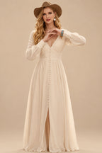 Rutipo Champagne Simple Long Sleeves Wedding Dresses With Bridal Shower Chiffon Floor-Length V-Neck
