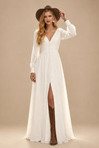 Rutipo Ivory Simple Long Sleeves Wedding Dresses With Bridal Shower Chiffon Floor-Length V-Neck