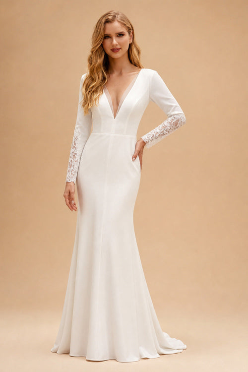 Rutipo Ivory Elegant Lace Long Sleeves Wedding Dress With Split Front
