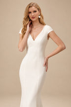 Rutipo Ivory V-Neck Mermaid Wedding Dress With Short Sleeves