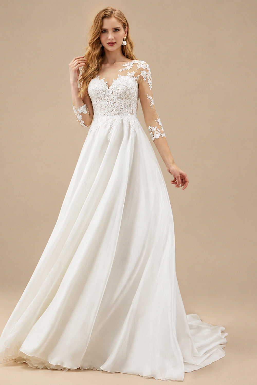 Rutipo Ivory Boho Lace Wedding Dresses With 3/4 Sleeves