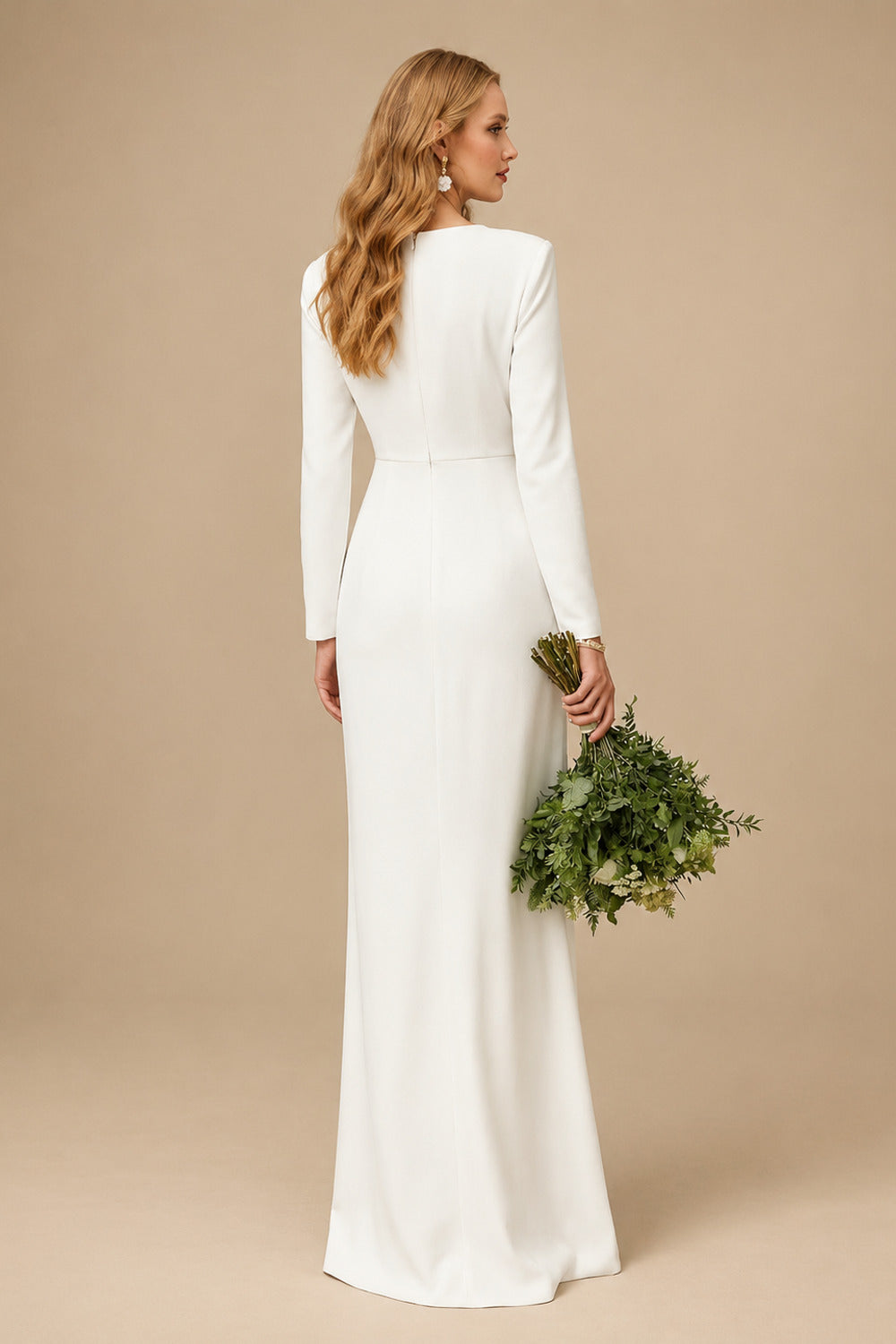 Rutipo Ivory Simple Long Sleeves Bow Wedding Dress With Split Front