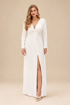 Rutipo Ivory Simple Long Sleeves Bow Wedding Dress With Split Front