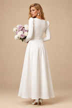 Rutipo Ivory A-Line Square Neckline Long Sleeves Tea-Length Stretch Satin Wedding Dresses